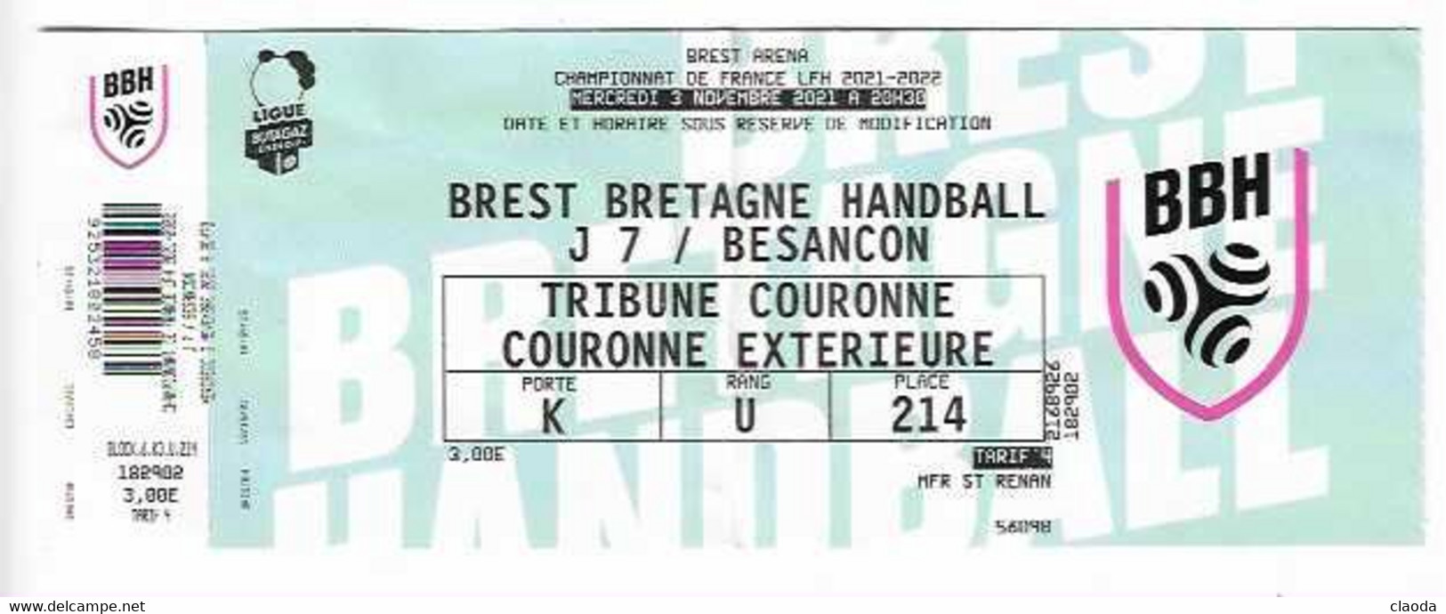 0 2HB - TICKET MATCH HANDBALL - BREST BRETAGNE Contre BESANCON - Journée 7 - SAISON 2021-2022 - Handbal