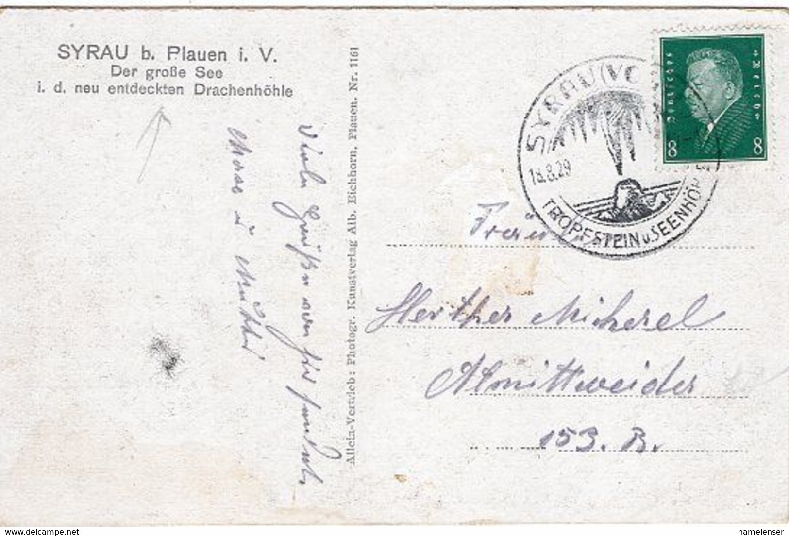 51037 - Deutsches Reich - 1929 - 8Pfg. Ebert EF A AnsKte SYRAU - TROPFSTEIN U. SEENHOEHLE -> Altmittweida - Sonstige & Ohne Zuordnung