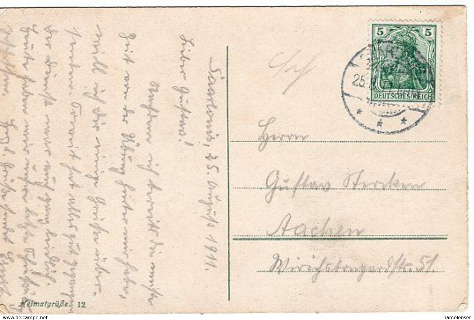 51050 - Deutsches Reich - 1911 - 5Pfg. Germania EF A AnsKte "Manoever" SAARLOUIS -> Aachen - Storia Postale