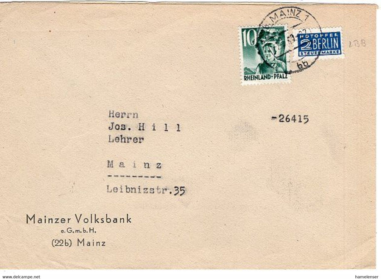 51054 - Frz. Zone / Rheinland-Pfalz - 1950 - 10Pfg. Weinlese EF A Bf Innerh. V. MAINZ - Vins & Alcools