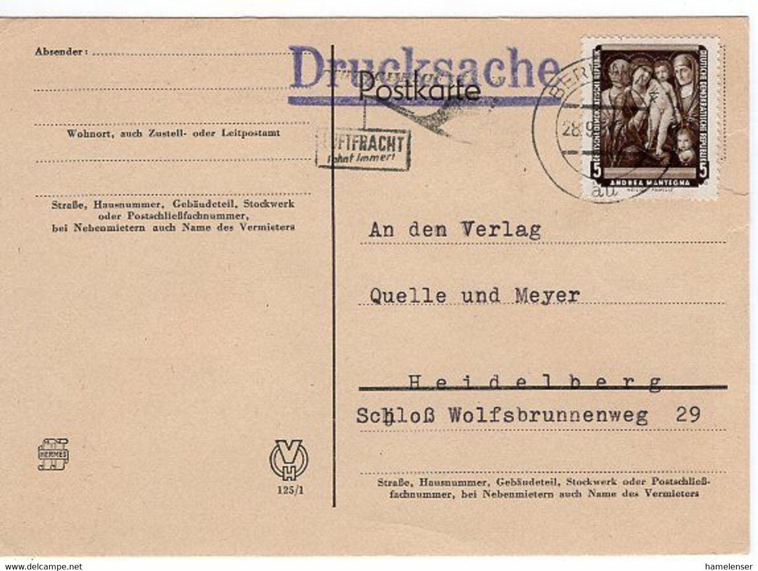 51065 - DDR - 1957 - 5Pfg. Vermisste Gemaelde EF A DrucksKte BERLIN -> Westdeutschland - Religious