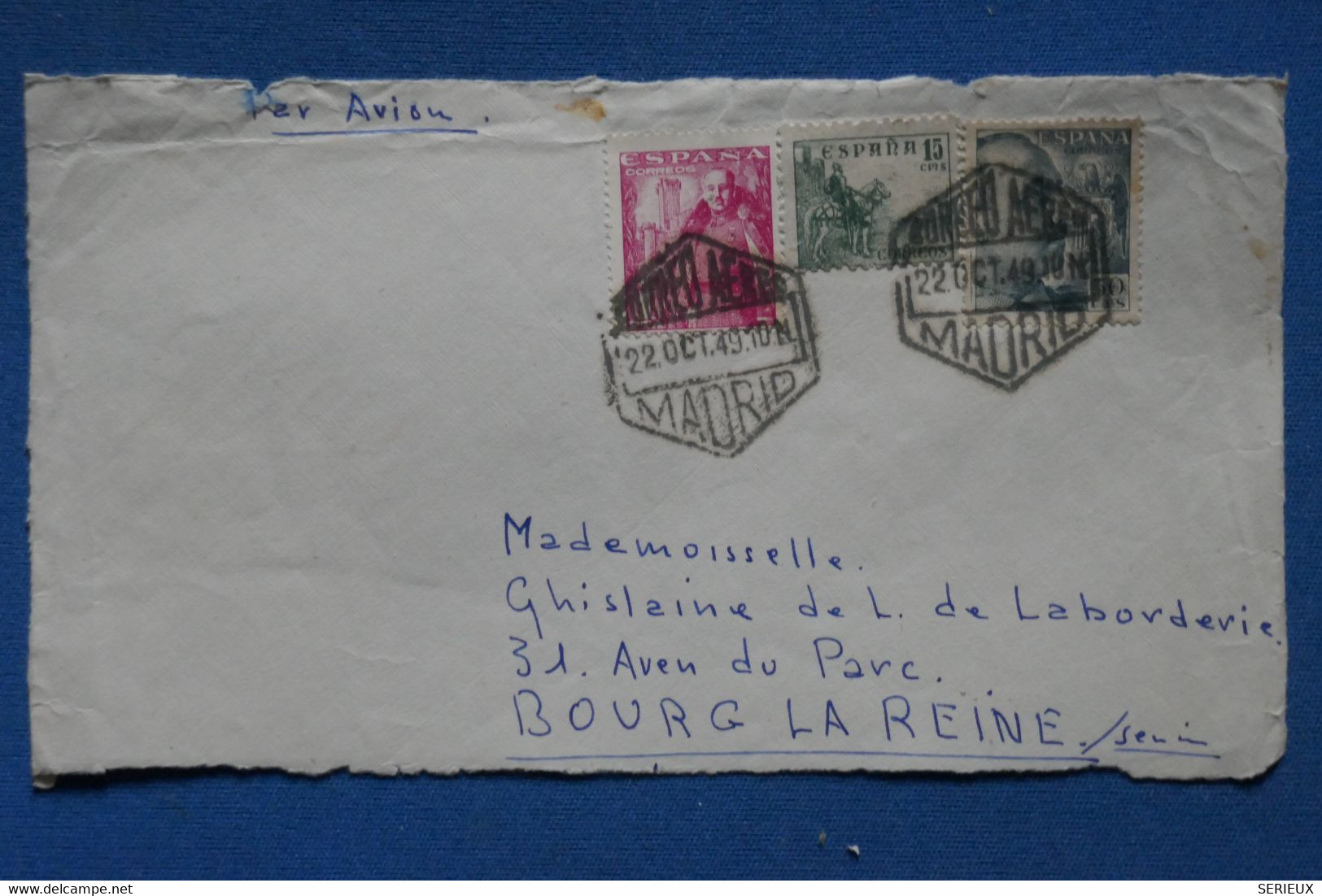 AR12  ESPAGNE BELLE LETTRE DEVANT  1949 PAR AVION MADRID POUR IVRY   PARIS  FRANCE  + AFFRANCH.  INTERESSANT - Briefe U. Dokumente