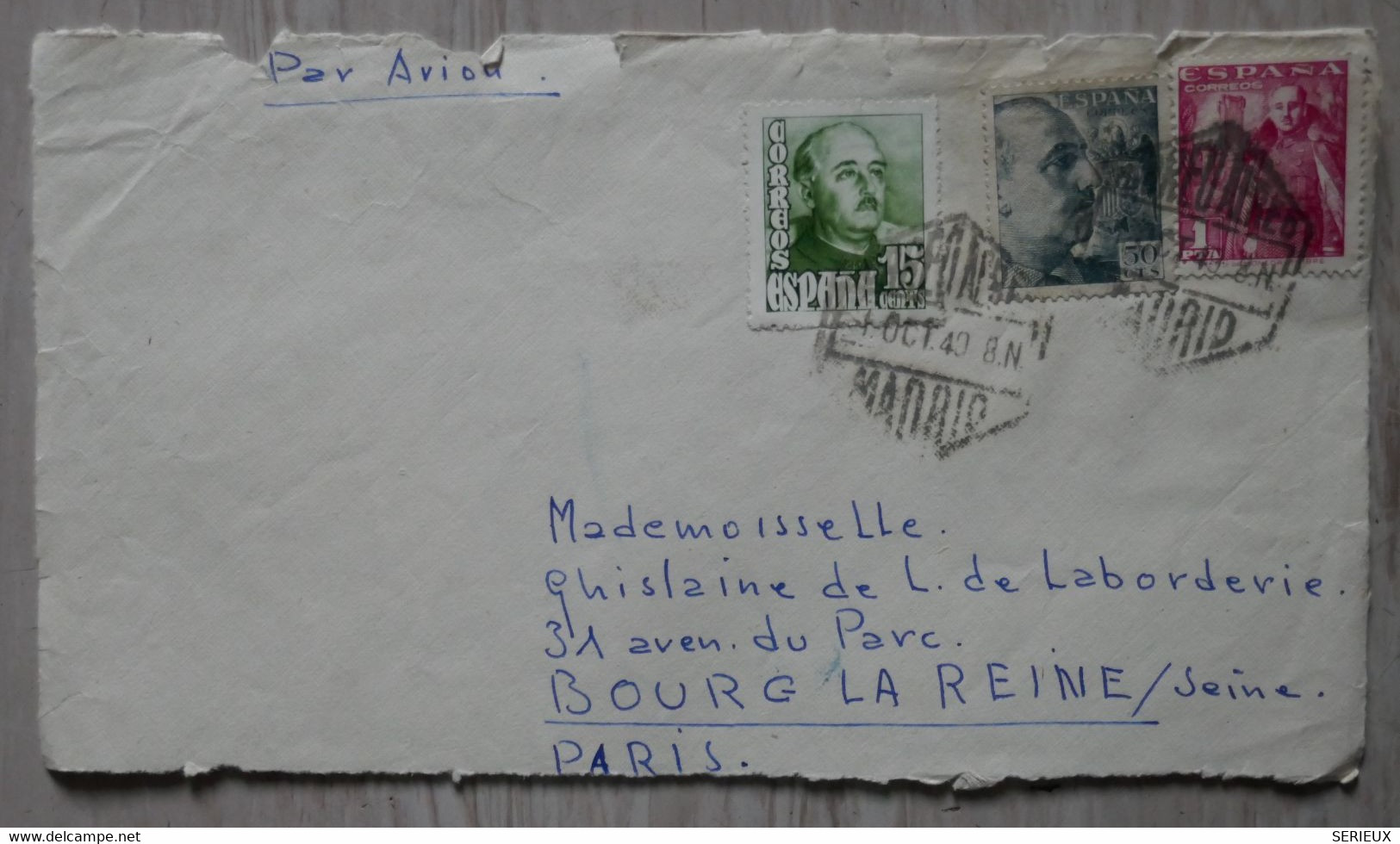 AR12  ESPAGNE BELLE LETTRE DEVANT  1947 PAR AVION MADRID POUR BOURG  PARIS  FRANCE  + AFFRANCH.  INTERESSANT - Storia Postale