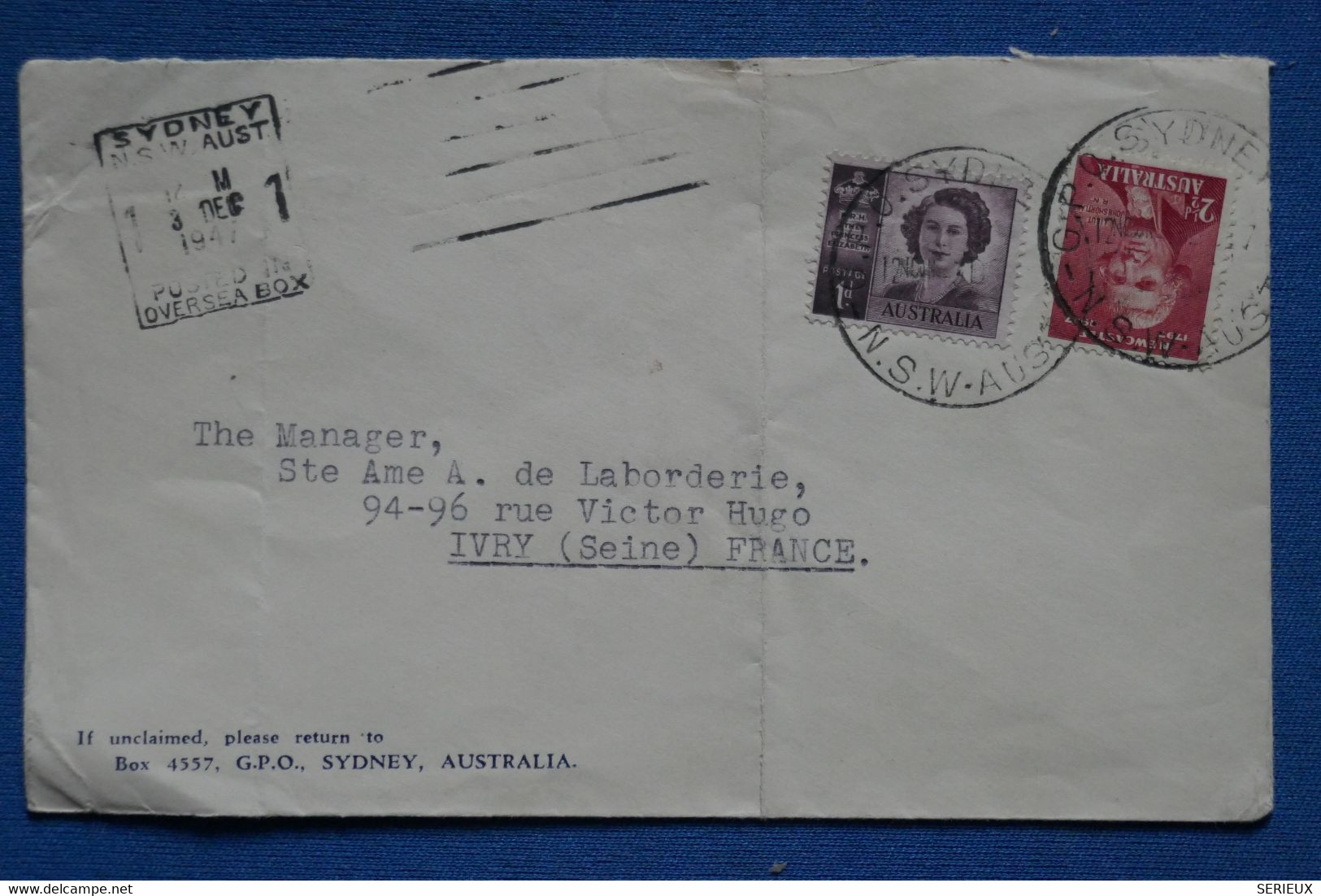 AR12 AUSTRALIA BELLE LETTRE   1947 PAR AVION SYDNEY  POUR IVRY   PARIS  FRANCE+++  + AFFRANCH.  PLAISANT - Covers & Documents