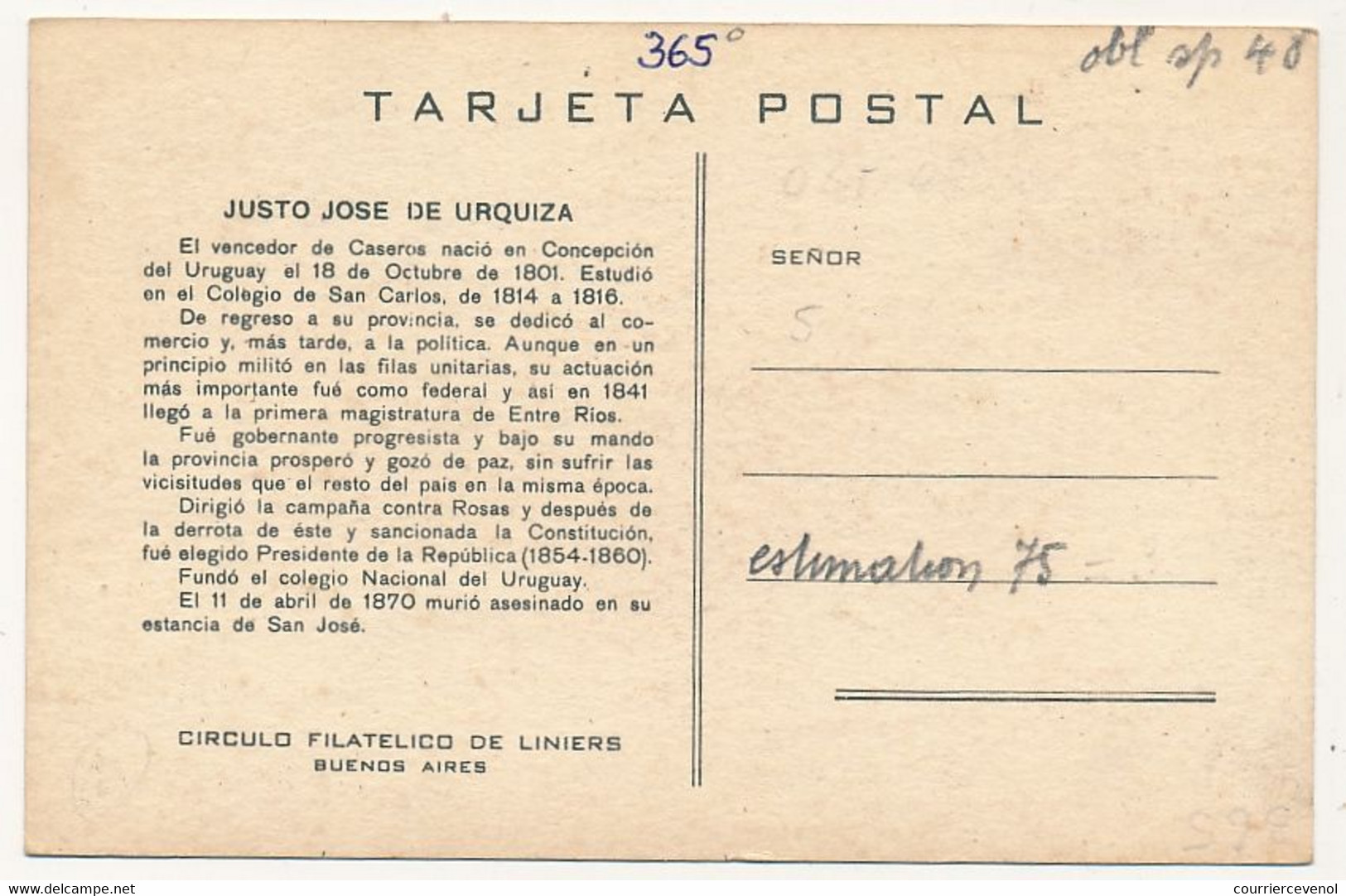 ARGENTINE - Carte Maximum - Justo José De Urquiza - 14 Oct 1948 - Buenos Aires - Brieven En Documenten
