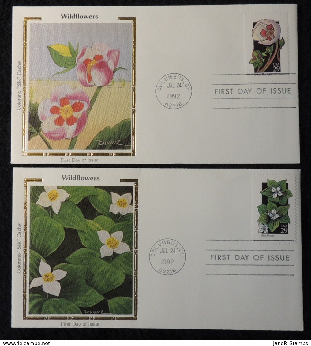 USA 1992 FDC Wildflowers Silk Cover Bunchberry Desert Five Spot Columbus Postmark - 1991-2000