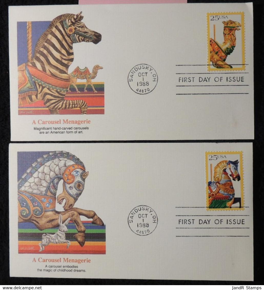 USA 1998 FDC X2 Covers Carousel Menagerie Horses Zebras Animals Camel Sandusky Postmark - 1991-2000