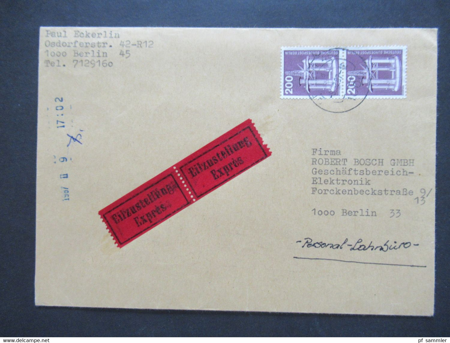 Berlin (West) 1975 Industrie U. Technik Nr.506 (2) MeF Eilzustellung Expres Berlin Ortsbrief An Die Robert Bosch GmbH - Storia Postale