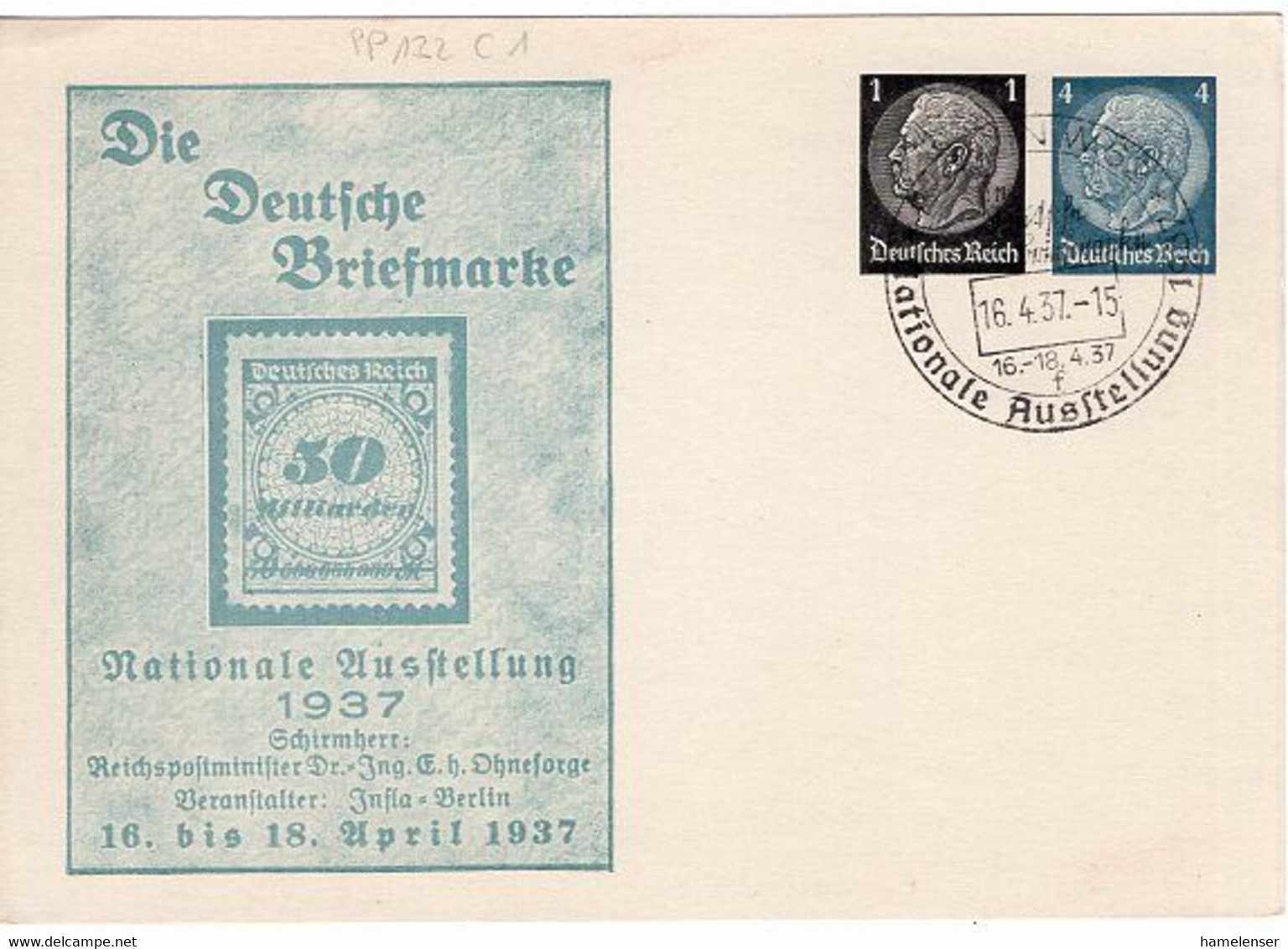 51095 - Deutsches Reich - 1937 - 1&4Pfg. PGAKte "Die Deutsche Briefmarke" BERLIN - NATIONALE AUSSTELLUNG ... - Stamps On Stamps