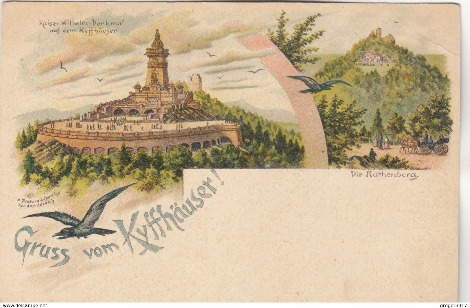 A8529) GRUSS Aus KYFFHÄUSER - Tolle LITHO Mit Denkmal - Die ROTHENBURG U. Vogel Vögel ALT - Kyffhäuser