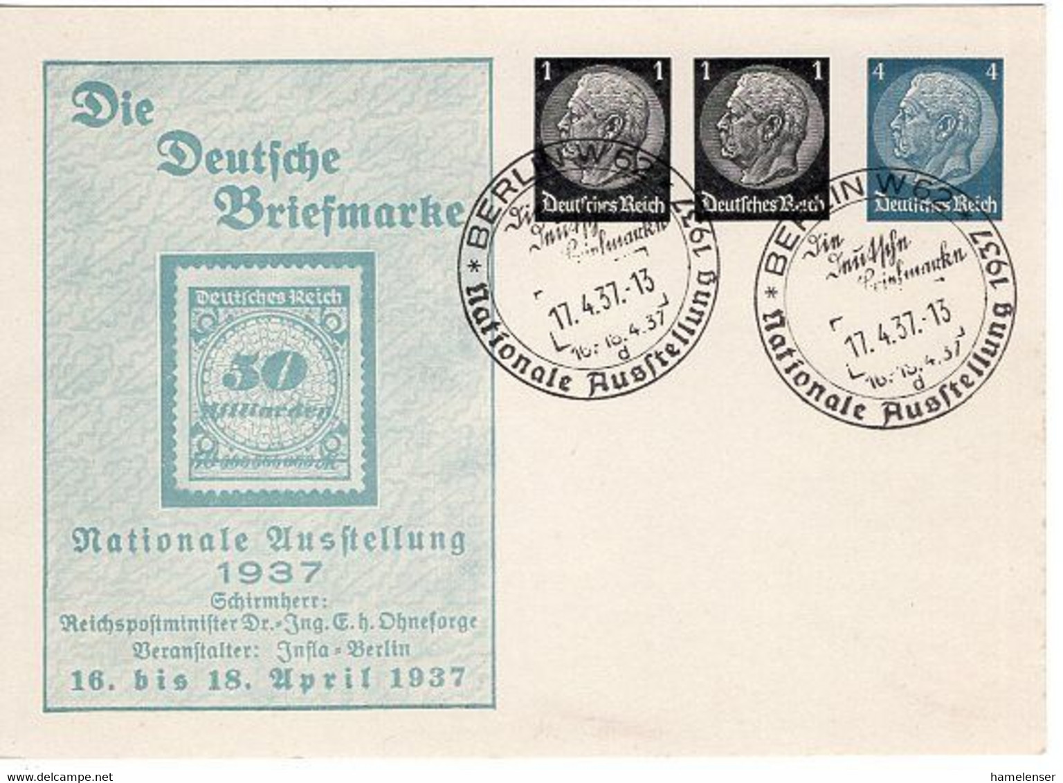 51104 - Deutsches Reich - 1937 - 1&1&4Pfg. PGAKte "Die Deutsche Briefmarke" BERLIN - NATIONALE AUSSTELLUNG ... - Timbres Sur Timbres