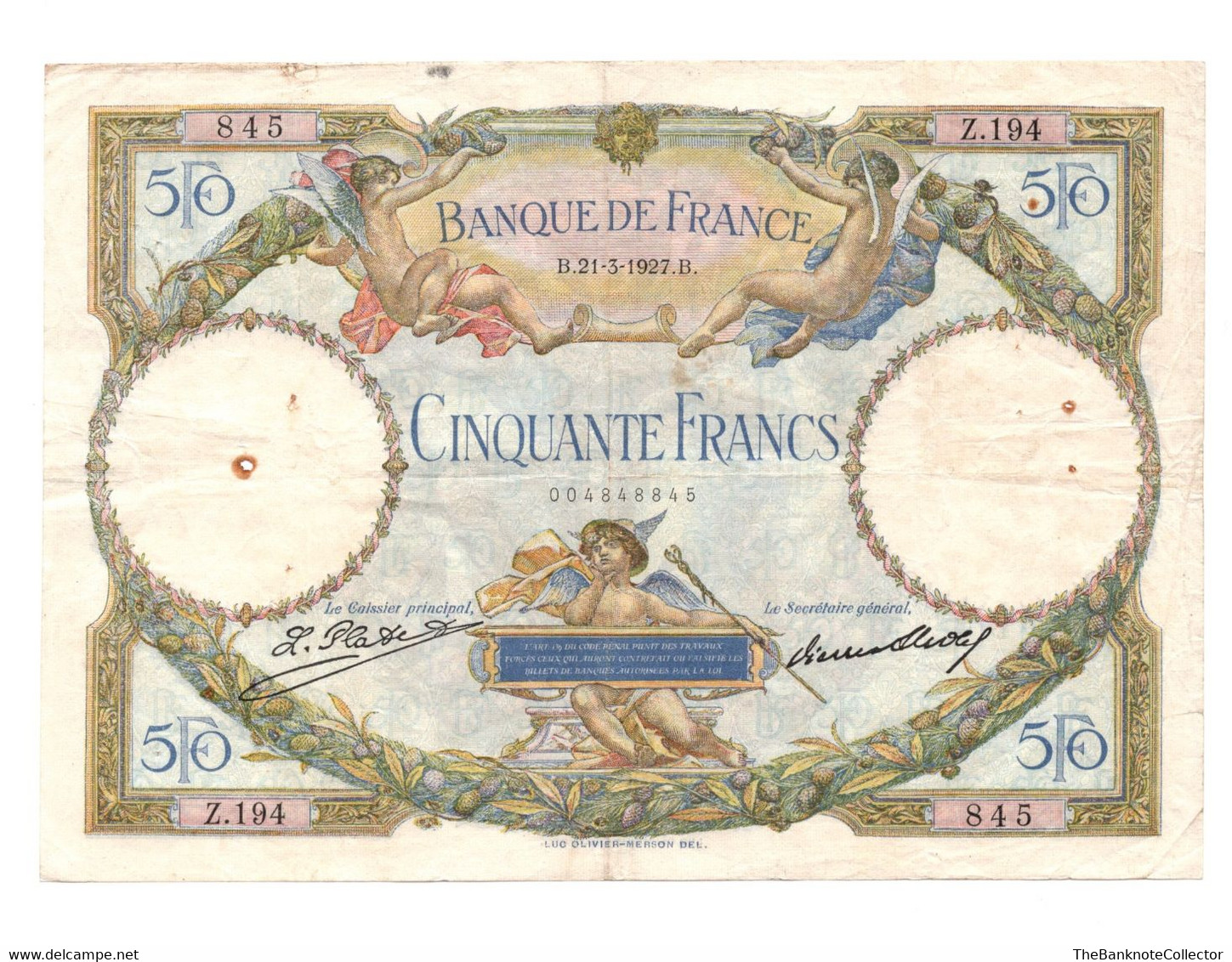 France 50 Francs 1927 P-77 Luc Oliver Maison Issue VF - 50 F 1927-1934 ''Luc Olivier Merson''