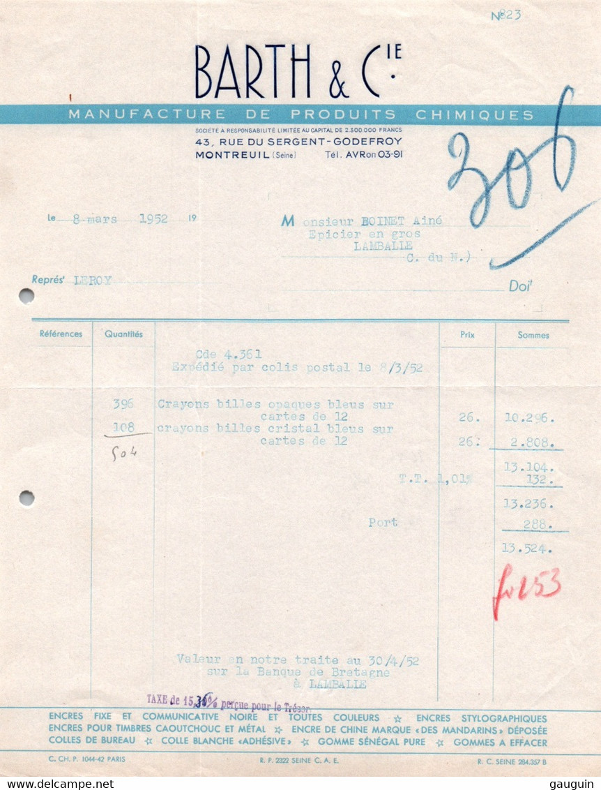 Facture - MONTREUIL - Manufacture De Produits Chimiques  ... Ets BARTH & Cie ... 1952 - Droguerie & Parfumerie