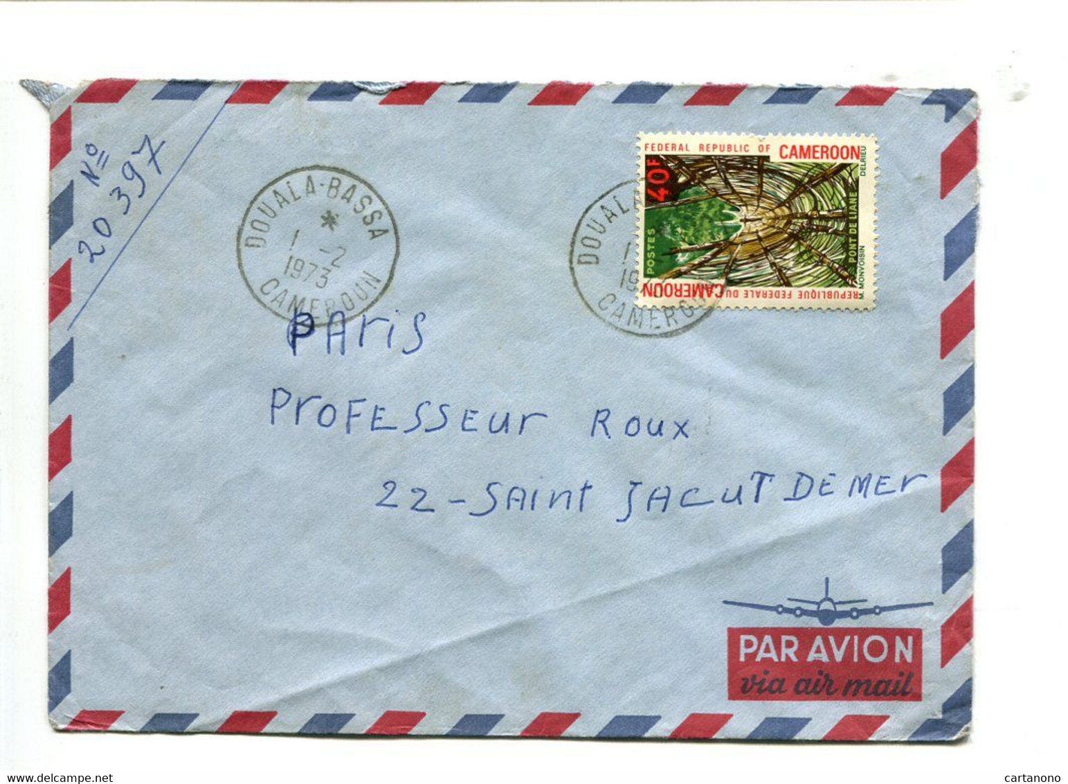 CAMEROUN Douala Bassa 1973 - Affranchissement Sur Lettre - Pont De Liane - Camerun (1960-...)