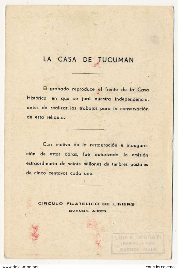 ARGENTINE - Document (fiche) - La Casa De Tucuman - Obl "1er Anniversario Revolution 4 De Junio" 1944 - Lettres & Documents