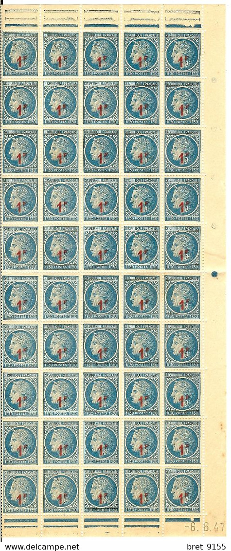 50 TIMBRES DE 1945-1947 CERES N° 791 SURCHARGE 1f Sur 1f.30 BLEU NEUF COIN DATE 6-6-47 - Unused Stamps