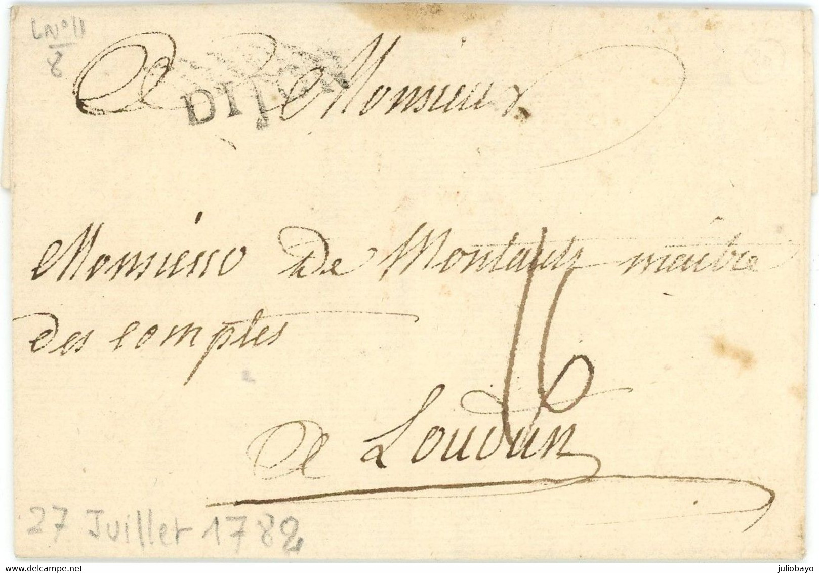 PROMO 27 Juillet 1782 Marque Postale Dijon Vers Loudun - 1701-1800: Voorlopers XVIII