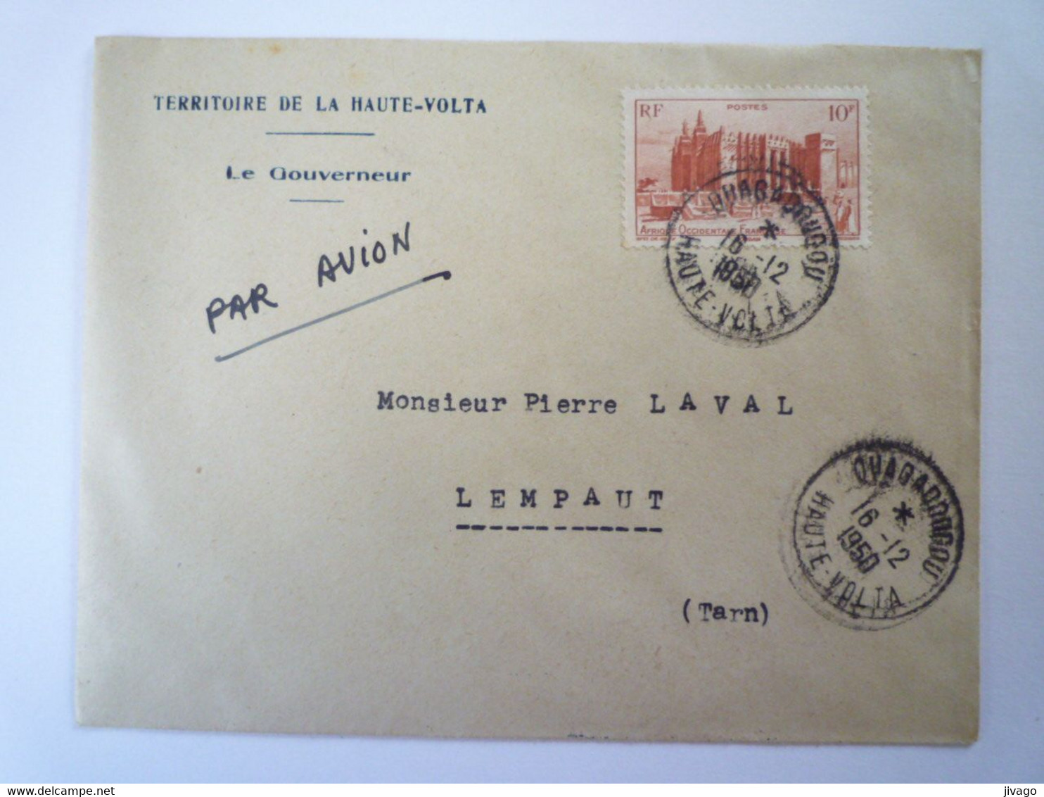 2022 - 858  Enveloppe Au Départ De OUAGADOUGOU  Le Gouverneur  à Destination De LEMPAUT  (Tarn)  1950   XXX - Storia Postale