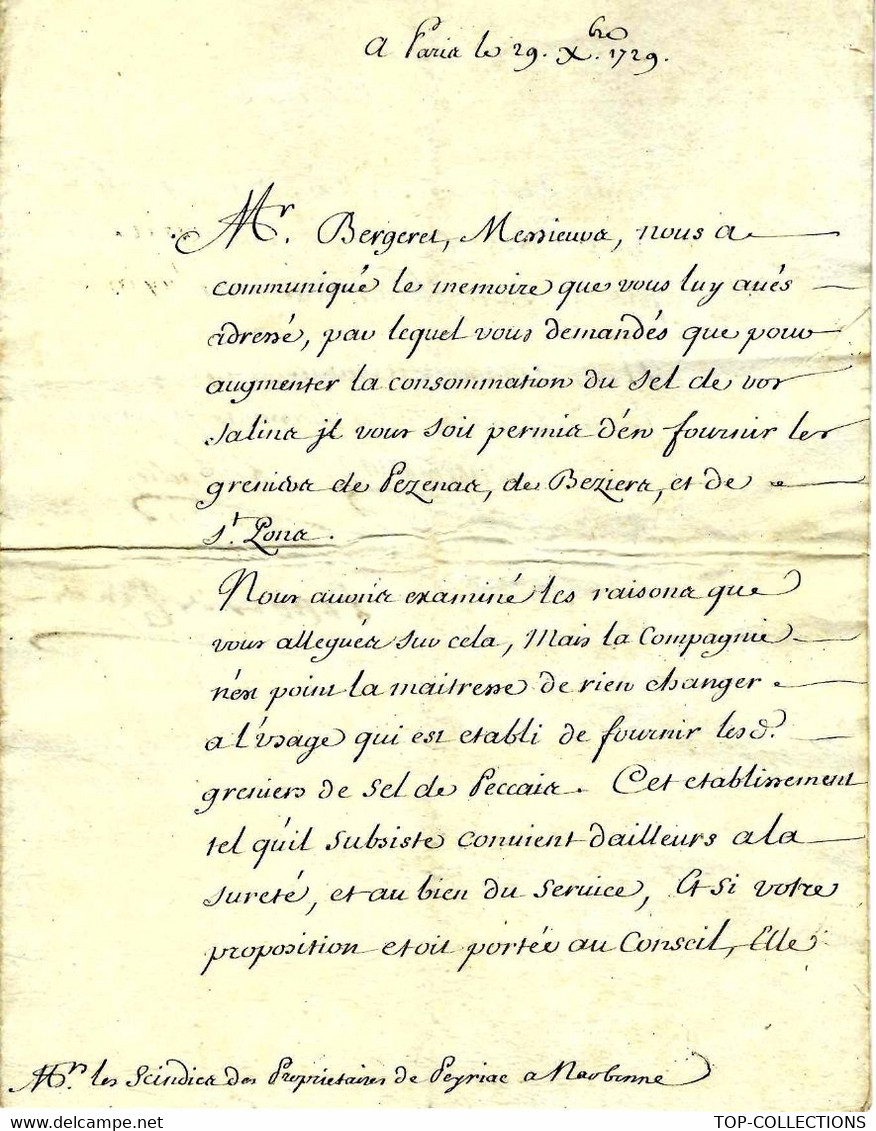 1729 PARIS LETTRE DES FERMIERS GENERAUX 5 SIGNATURES SEL SALINS SALINES PEZENAS BEZIERS ST PONS PECCAIS - Historische Dokumente