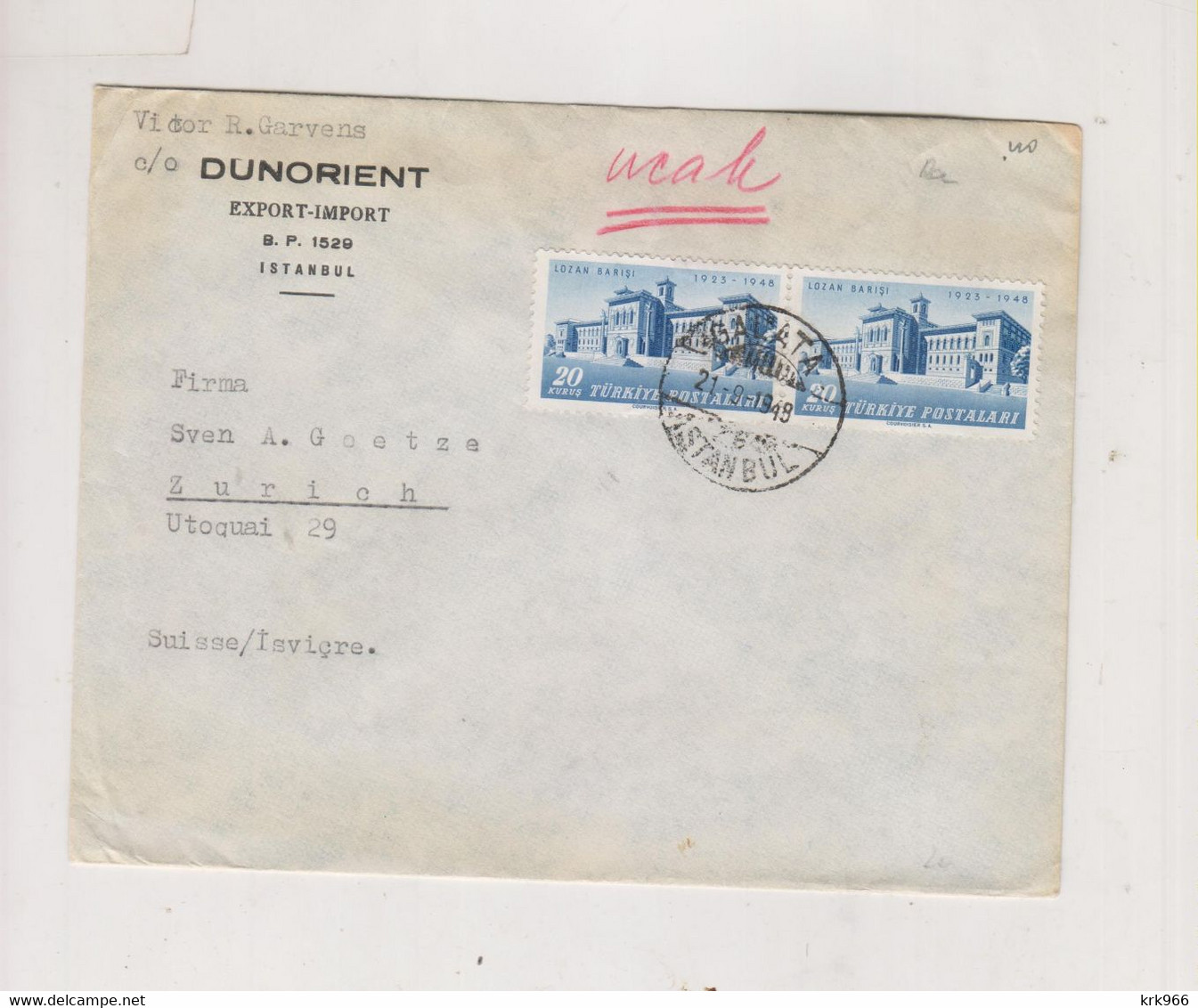 TURKEY 1948 GALATA ISTANBUL Nice Cover To Switzerland - Cartas & Documentos