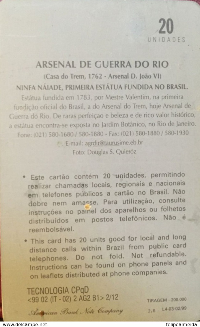 Phone Card Produced By Telebras In 1998 Series Arsenal De Guerra Do Rio De Janeiro - Sculpture Ninfa Naiade - Sculptor M - Kultur