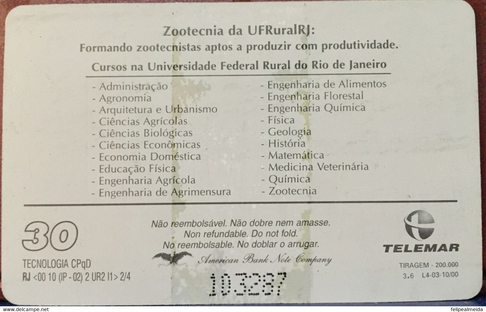 Phone Card Produced By Telemar In 2000 - Building Of The Animal Science Course At The Federal Rural University Of Rio De - Kultur