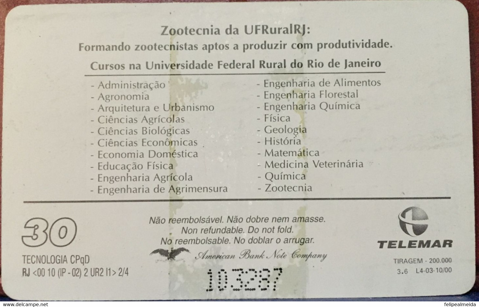 Phone Card Produced By Telemar In 2000 - Building Of The Animal Science Course At The Federal Rural University Of Rio De - Cultura