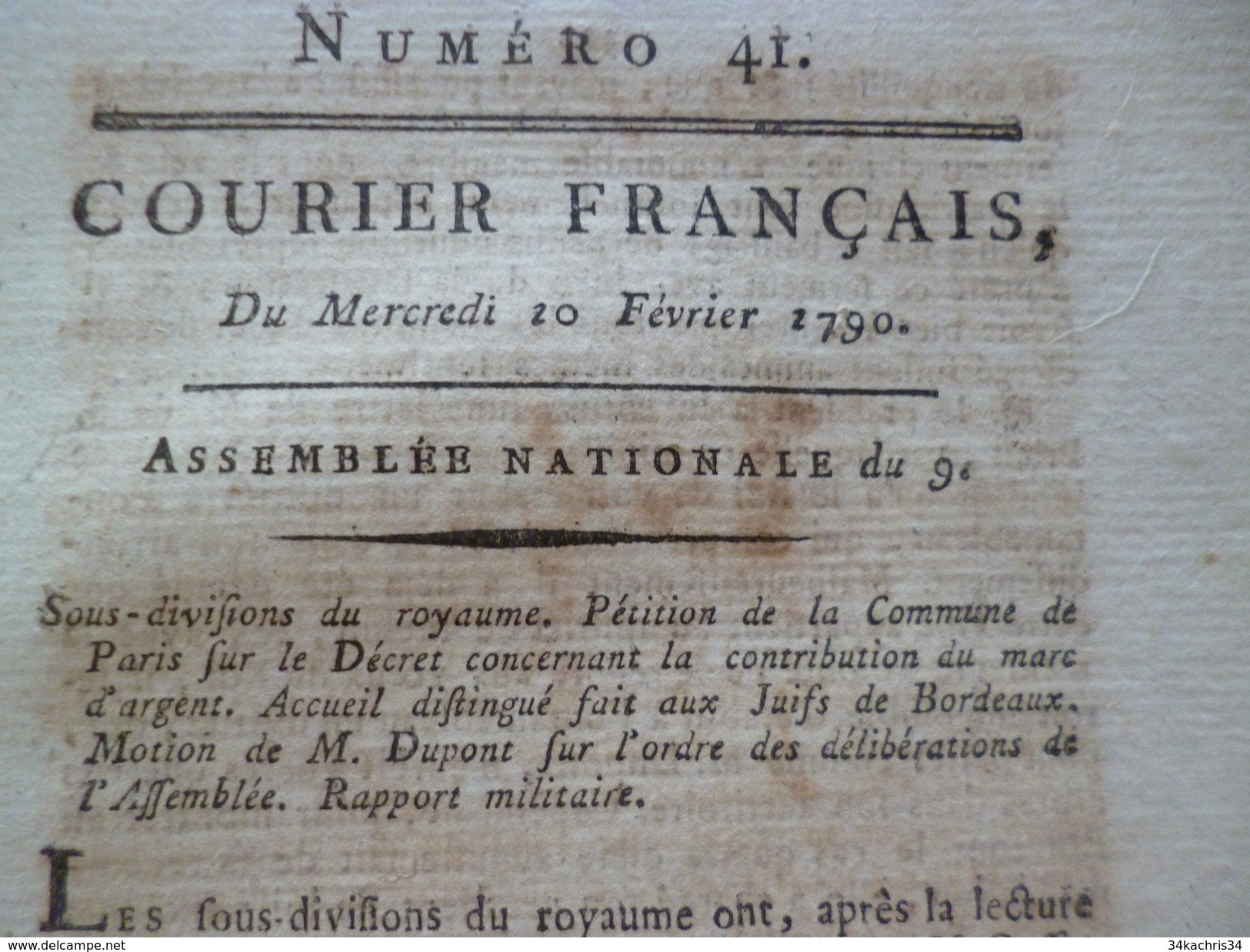 Courier Français Révolution N° 41 20/02/1791 Juifs De Bordeaux, Pétition Marc D'argent Militaires... - Décrets & Lois