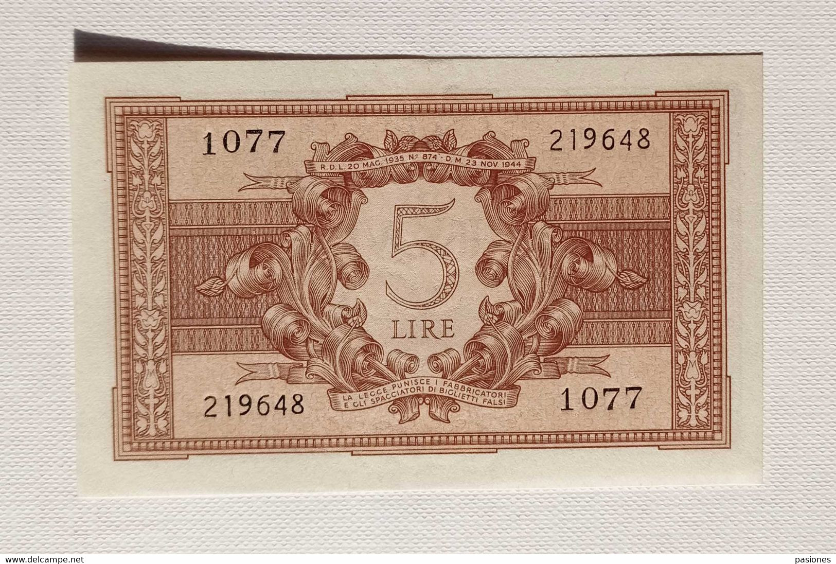 Biglietto Di Stato Da L.5 23/11/1944 FDS - Italia – 5 Lire