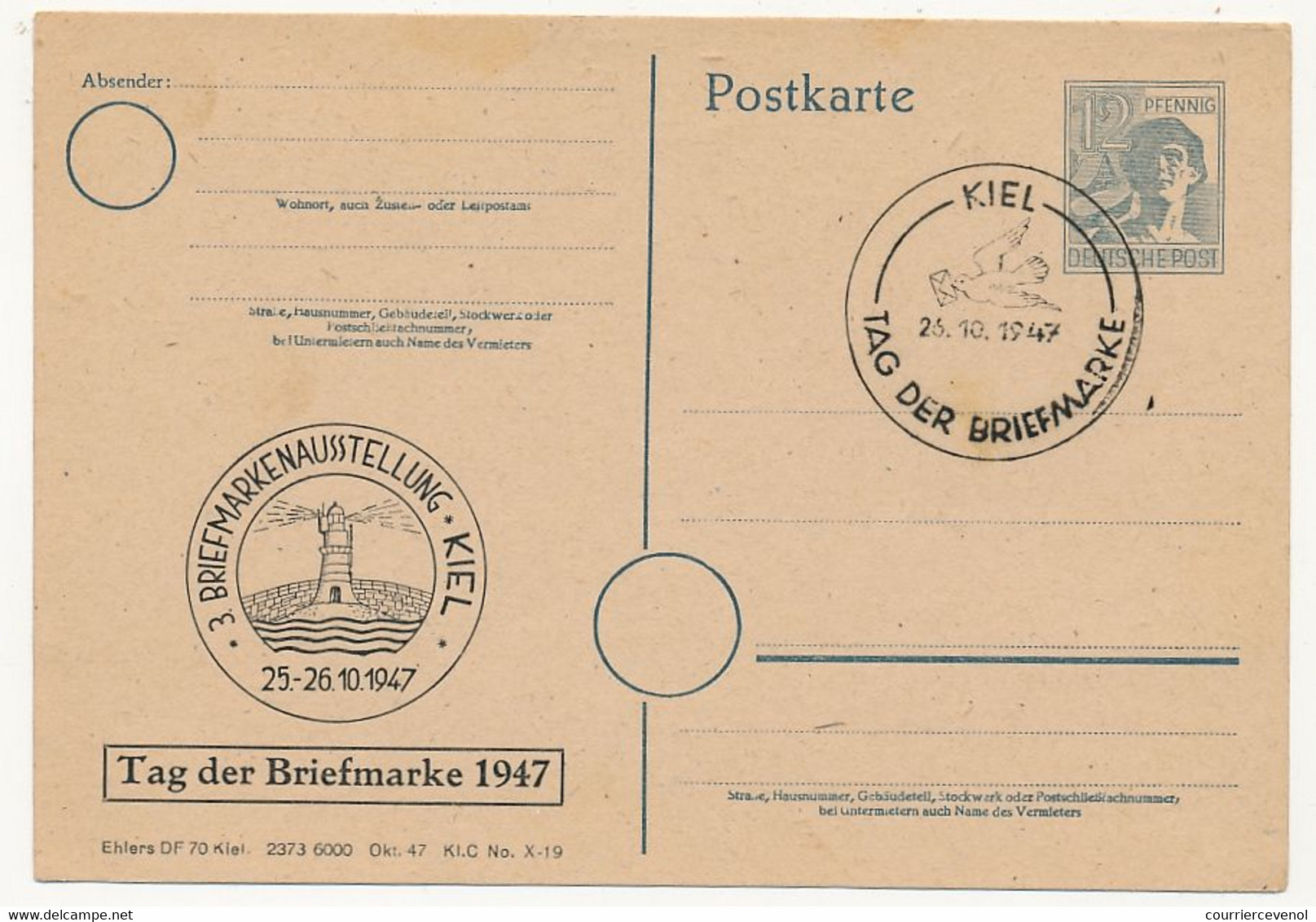 ALLEMAGNE - 4 Entiers Postaux Oblitérés Journée Du Timbre 1947 - Kiel, Holzminden, Schleswig, Münster (repiquage) - Giornata Del Francobollo