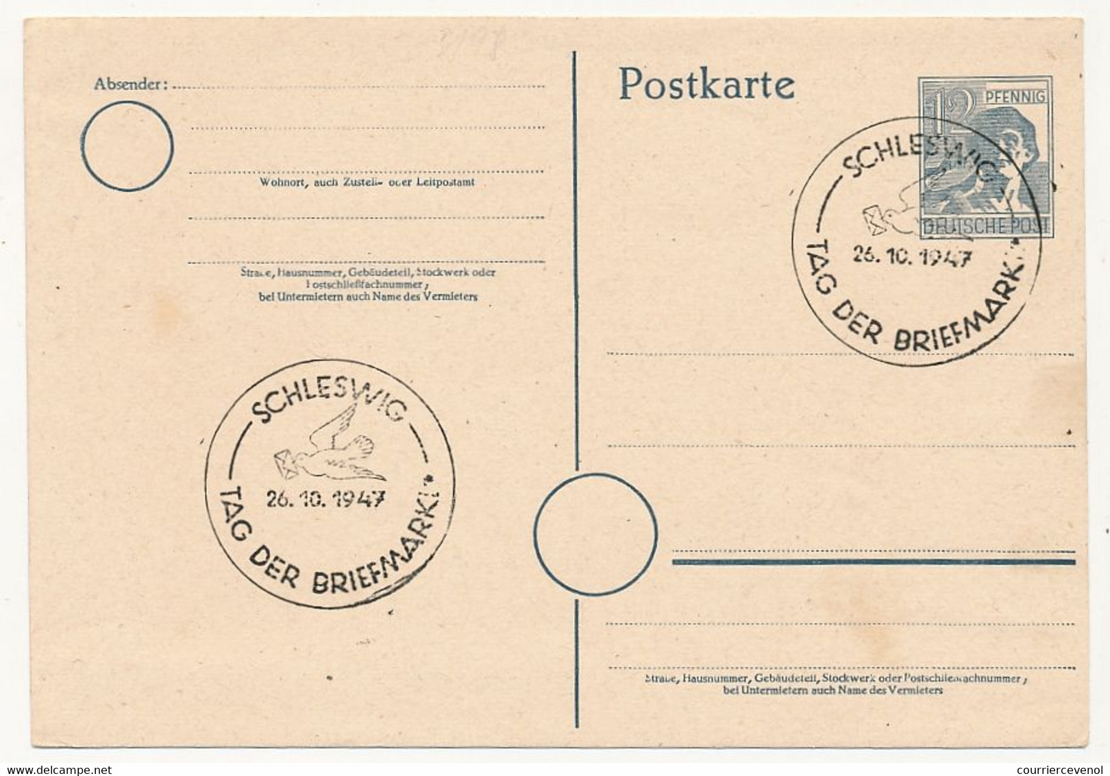 ALLEMAGNE - 4 Entiers Postaux Oblitérés Journée Du Timbre 1947 - Kiel, Holzminden, Schleswig, Münster (repiquage) - Giornata Del Francobollo