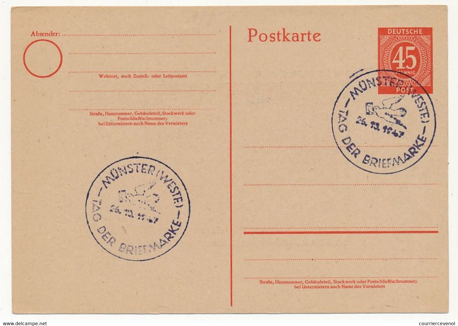 ALLEMAGNE - 4 entiers postaux oblitérés Journée du Timbre 1947 - Kiel, Holzminden, Schleswig, Münster (repiquage)