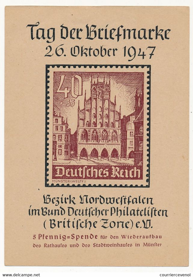 ALLEMAGNE - 4 entiers postaux oblitérés Journée du Timbre 1947 - Kiel, Holzminden, Schleswig, Münster (repiquage)