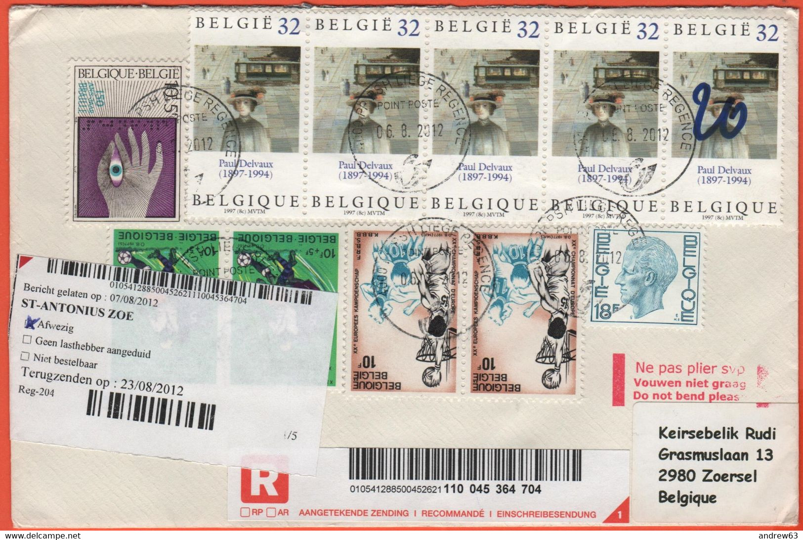 BELGIO - BELGIE - BELGIQUE - 2012 - 11 Stamps - Registered - Viaggiata Da Liège Per Zoersel - Brieven En Documenten