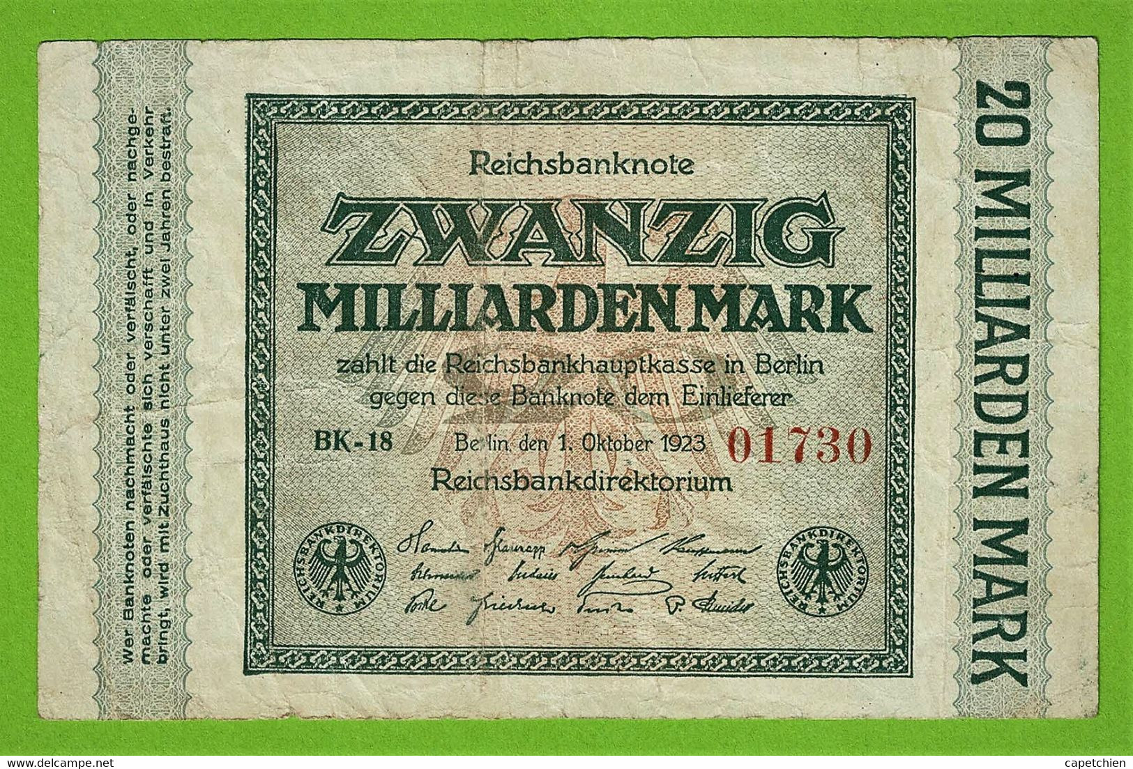 ALLEMAGNE / 20 MILLIARDEN / REICHSBANKNOTE /01 - 10 - 1923 :/ BK 18 /. 01730 /   /  Ros.115 - 20 Mrd. Mark
