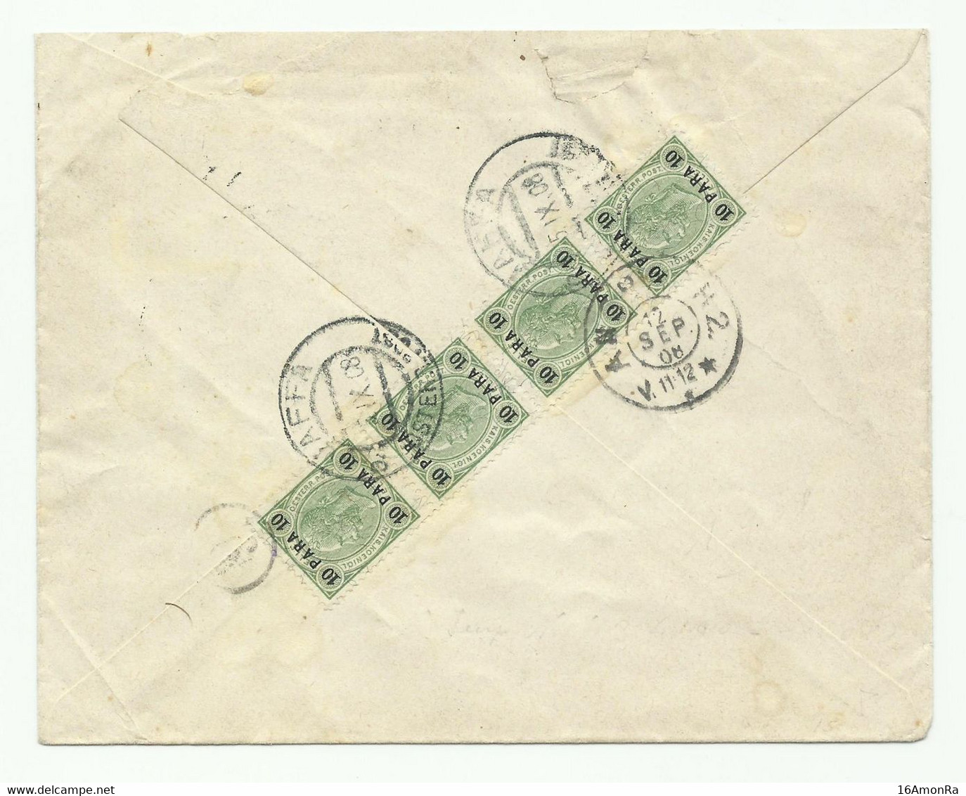 Levant Autrichien 10para S/5h. (strip Of 4) Canc. JAFFA On Back Of A Cover 5-IX-1908 (Evelina De Rotschild School In Pal - Palestine