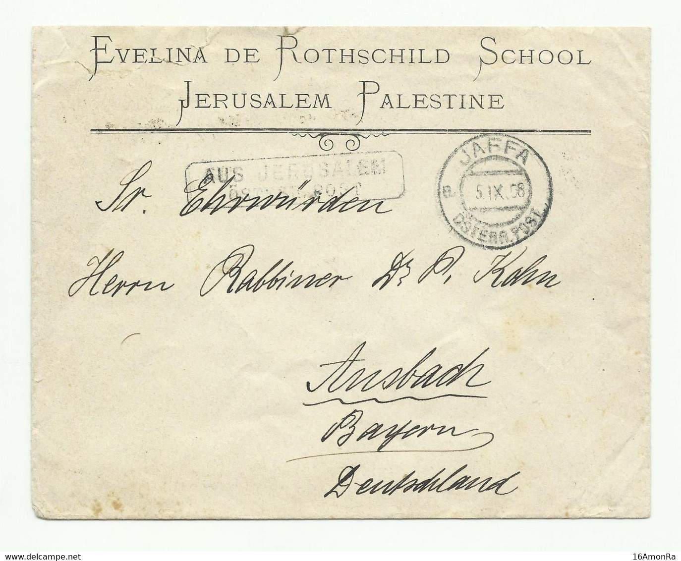 Levant Autrichien 10para S/5h. (strip Of 4) Canc. JAFFA On Back Of A Cover 5-IX-1908 (Evelina De Rotschild School In Pal - Palestine