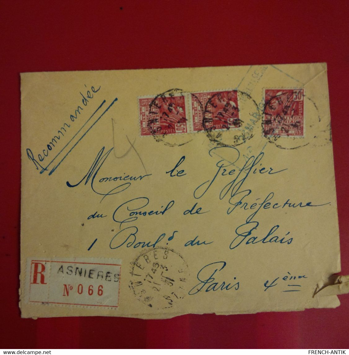 LETTRE RECOMMANDE ASNIERES POUR PARIS TIMBRE EXPOSITION COLONIALE 1931 - Briefe U. Dokumente