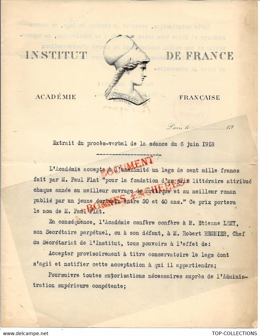 ENTETE INSTITUT DE France ACADEMIE FRANCAISE PROCES VERBAL SIGNE SEANCE 8 JUIN 1918 LEGS PAUL FLAT B.E. - Historische Dokumente