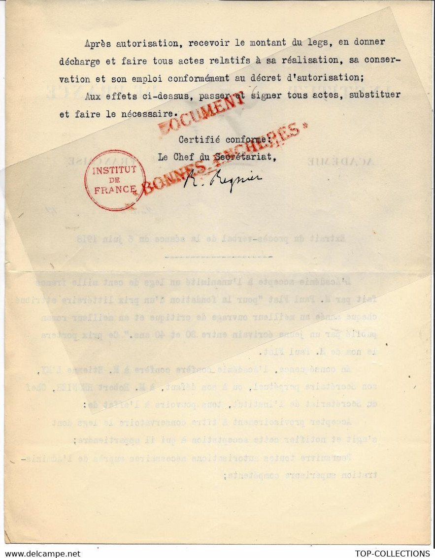 ENTETE INSTITUT DE France ACADEMIE FRANCAISE PROCES VERBAL SIGNE SEANCE 8 JUIN 1918 LEGS PAUL FLAT B.E. - Historische Dokumente