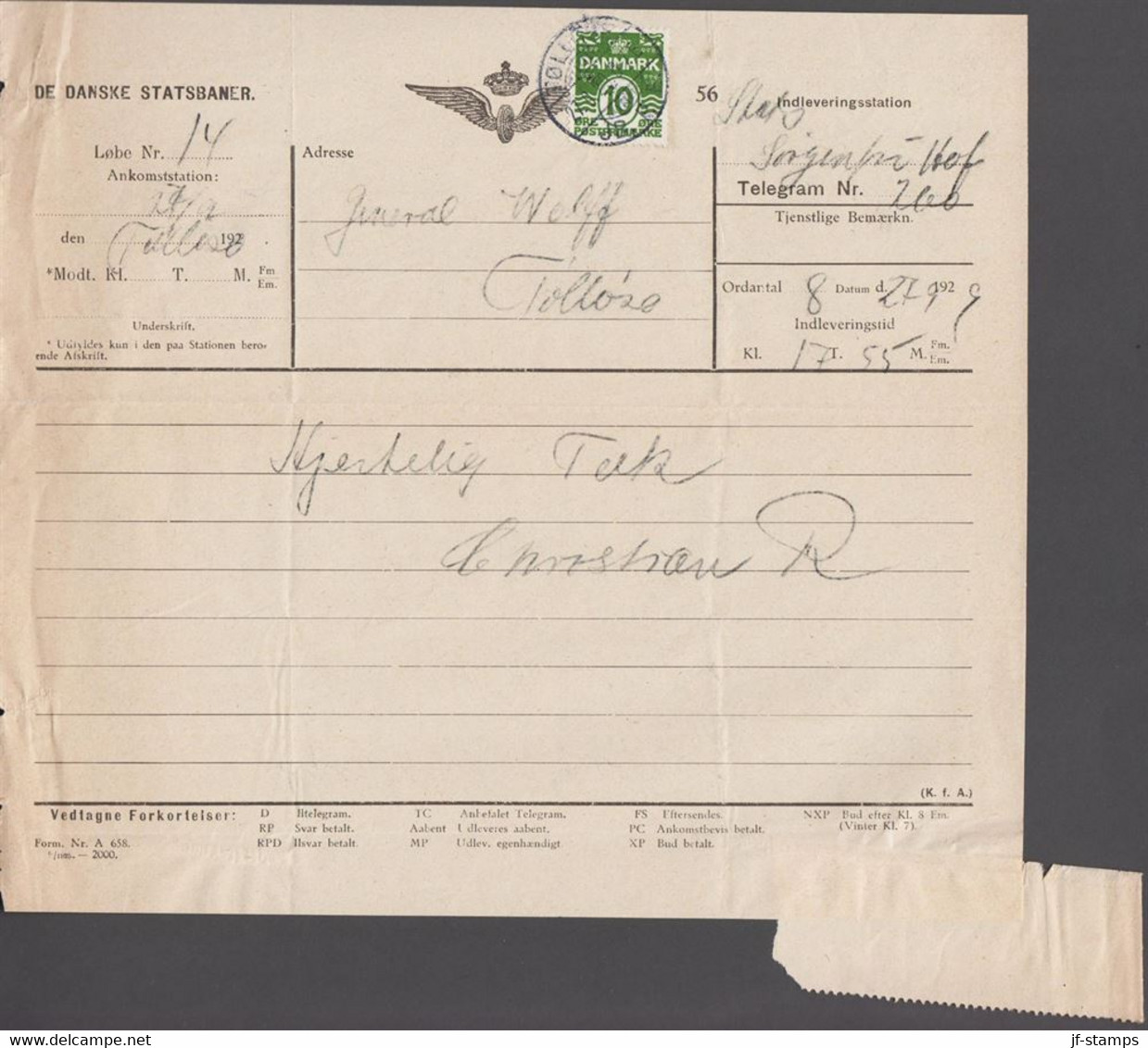 1929. DANMARK. DE DANSKE STATSBANER. TELEGRAM Til General Wolff, Ankomststation Tølløse Fra K... (Michel 120) - JF517071 - Covers & Documents