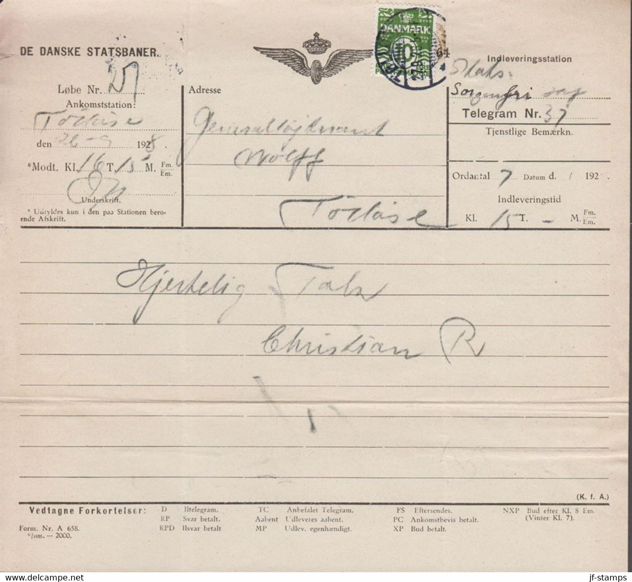 1928. DANMARK. DE DANSKE STATSBANER. TELEGRAM Til Generalløjtnant Wolff, Ankomststation Tøllø... (Michel 120) - JF517073 - Lettres & Documents