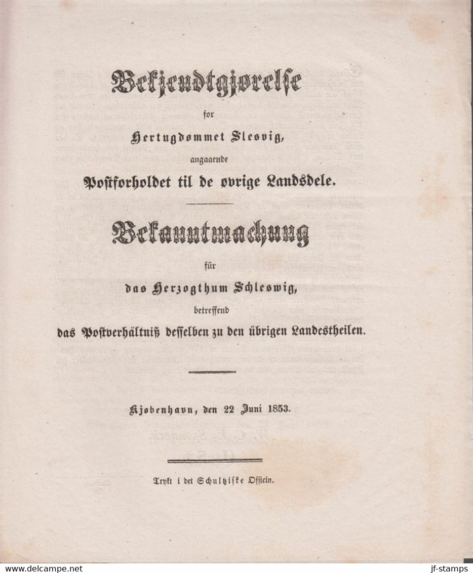 1853. DANMARK. Bekjendtgjørelse For Hertugdømmet Slesvig, Angaaende Postforholdet  Til De øvrige Landsdele... - JF517075 - ...-1851 Prephilately