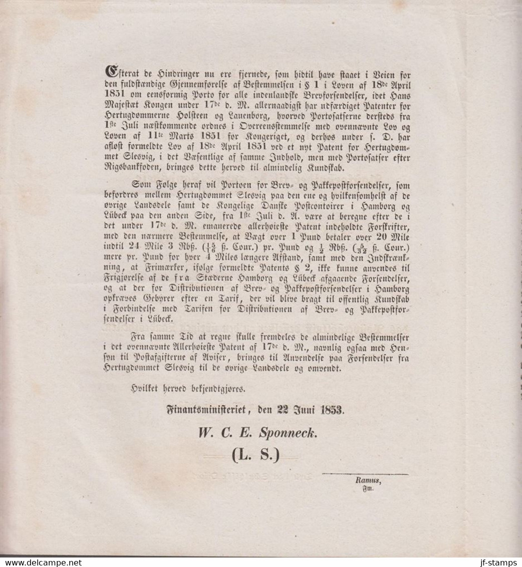 1853. DANMARK. Bekjendtgjørelse For Hertugdømmet Slesvig, Angaaende Postforholdet  Til De øvrige Landsdele... - JF517075 - ...-1851 Voorfilatelie