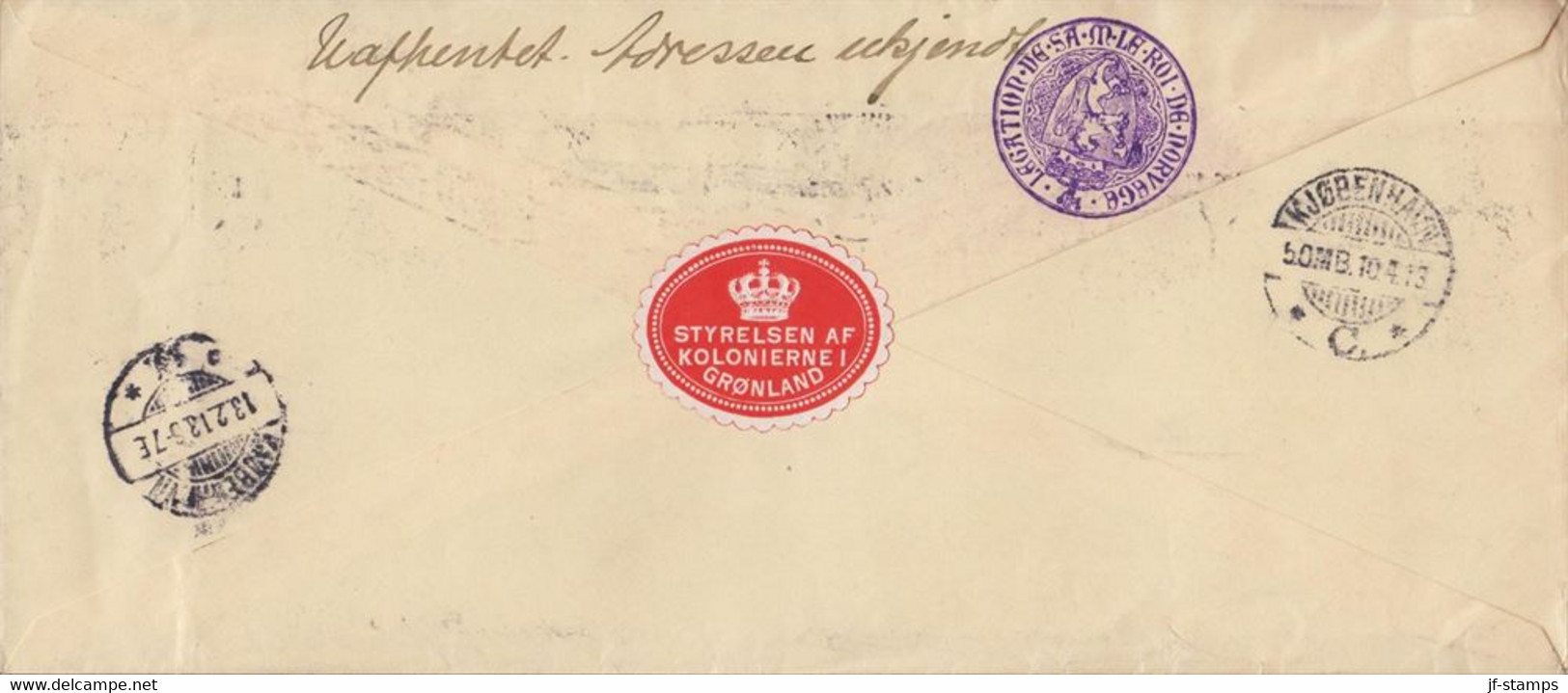 1913. GRØNLAND.  STYRELSEN AF KOLONIERNE I GRØNLAND Seal On Cover To Komponist Chr. Leden, ... (Michel DK 63) - JF517076 - Brieven En Documenten