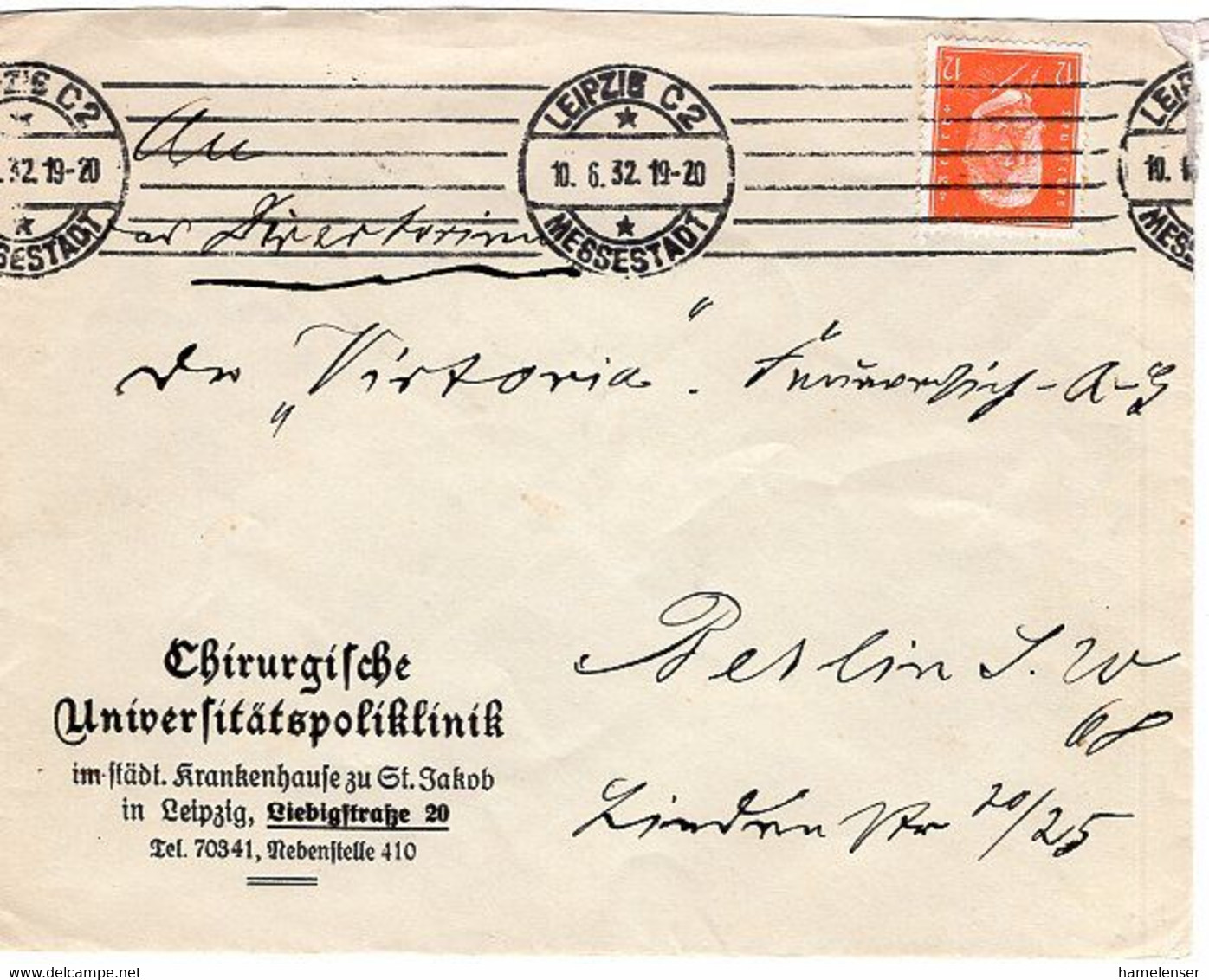 51143 - Deutsches Reich - 1932 - 12Pfg. Hindenburg EF A Bf Von Uni-Klinik LEIPZIG -> Berlin - Medizin