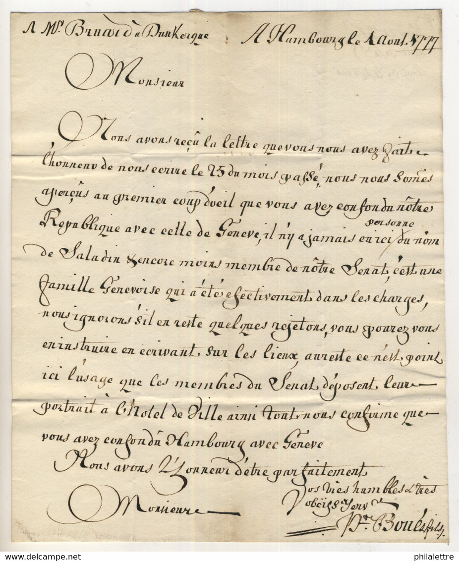 HAMBOURG / HAMBURG - 1777 Straight Line " HAMBOURG " Mark On EL To Dunkirk, France - [Voorlopers