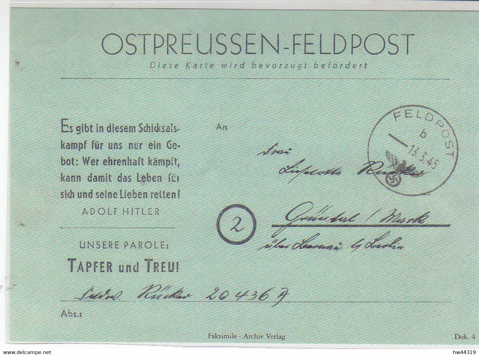 KOPIE Der OSTPREUSSEN-FELDPOST .. - Covers & Documents