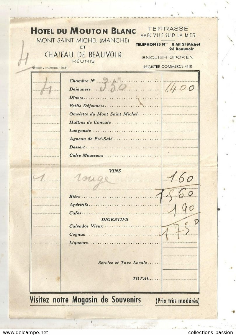 FACTURE , Restaurant , HOTEL DU MOUTON BLANC , MONT SAINT MICHEL Et CHATEAU DE BEAUVOIR Réunis,  Frais Fr 1.65 E - Alimentos