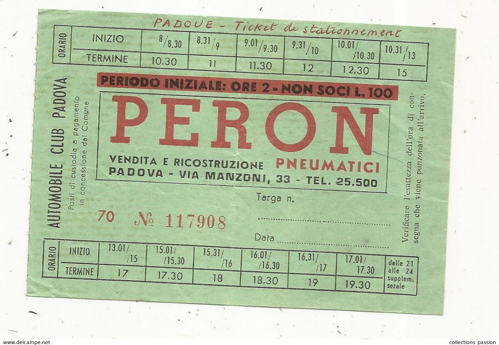 Ticket De Stationnement, Automobile ,  , Italie , Automobile Club PADOVA , 1970 , 2 Scans - Eintrittskarten